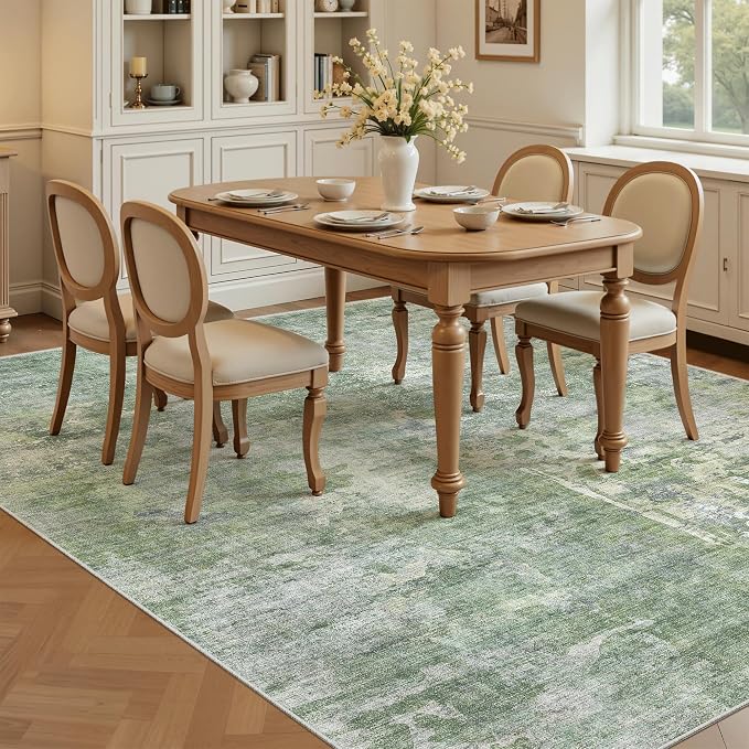 Abstract Rug 5x7 Machine Washable Area Indoor Green Low Pile Non-Slip Foldable - Image 4