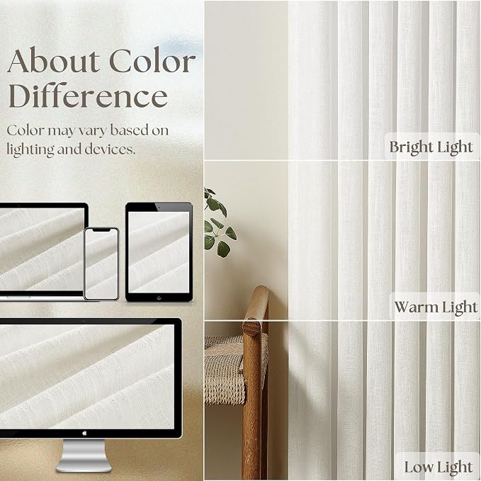 Beige White Pinch Pleated Linen Curtains 98 Inches Long 2 Panels | Light - Image 5