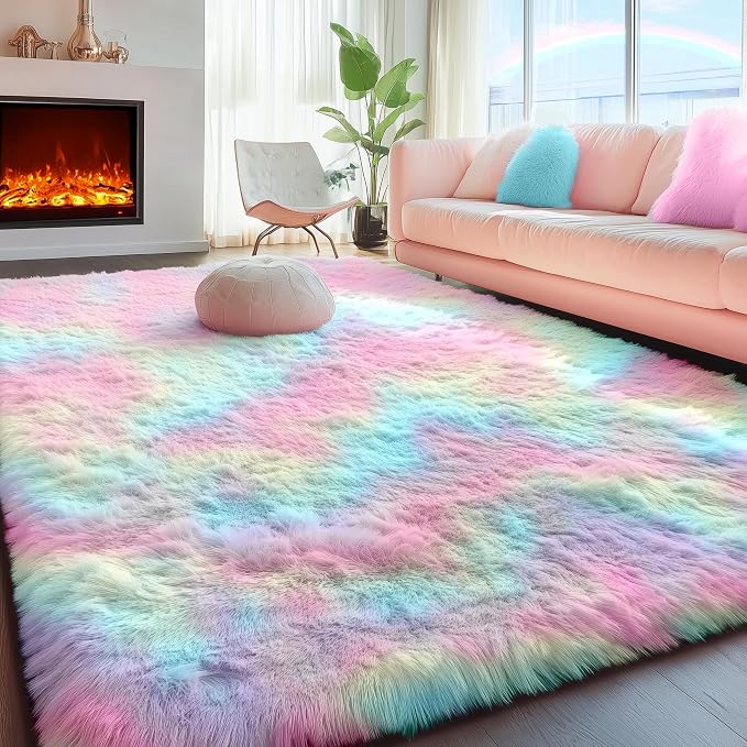 Fluffy Vibrant Rainbow Rugs for Bedroom 5x7 Ft, Colorful Unicorn Girls Rugs | by PAGISOFE