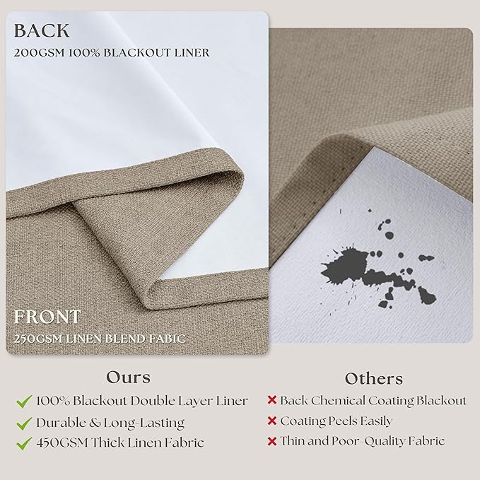 Deep Flax Pinch Pleated Blackout 102 Inch Bedroom Curtains Dual Layer | - Image 5