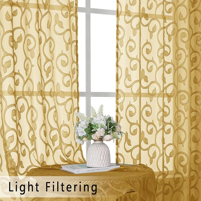 OWENIE Furman Gold Kitchen Curtains Tiers 36 inch Length, Light Filtering Soft - Image 2