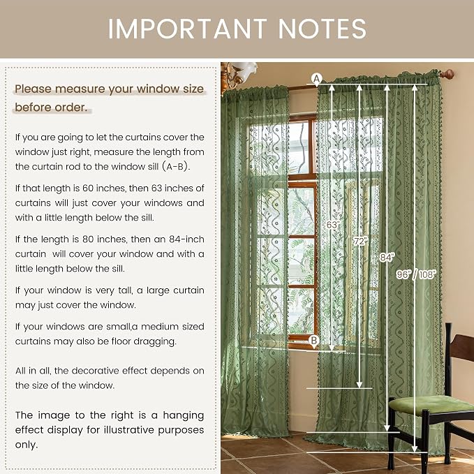 WAZZIO Boho Lace Curtains 2 Panels 72 Inches -Vintage Victorian Sheer Panel - Image 9