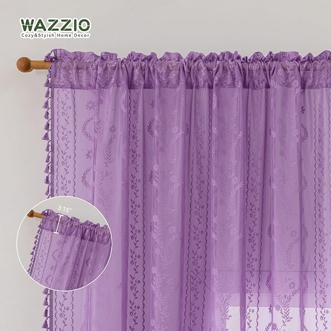 WAZZIO Boho Lace Curtains 84 Inch 2 Panels -Sheer Panel Drape Floral Pattern & - Image 8
