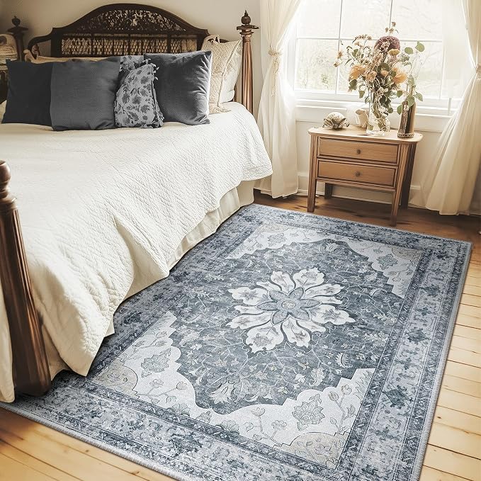 Area Rugs 5'x7' Washable Non-Slip, Floral Vintage Distress Print Pattern - Image 2