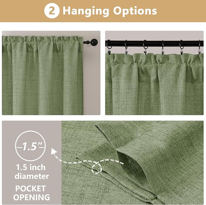 OVZME Green Valance for Windows, Light Filtering Faux Linen Textured Small Cafe - Image 6