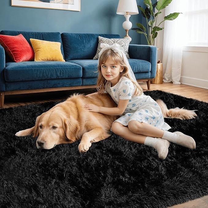 2x6 Bedside Area Rugs for Bedroom: Soft Fluffy Shag Black Rug for Hallway - Image 3