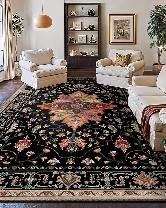 Area Rugs 10'x14' Washable Non-Slip, Floral Vintage Distress Print Pattern - Image 2