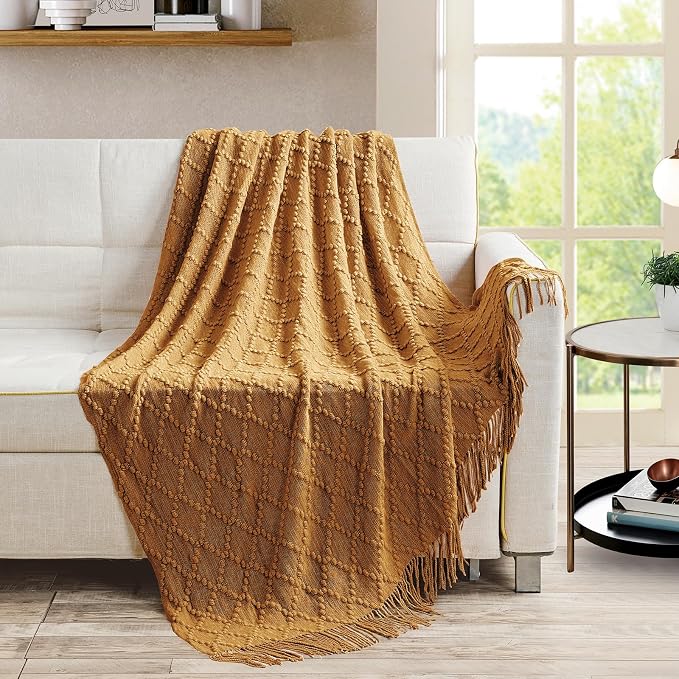 BOURINA Almond Throw Blanket 50 x70 Inches Jacquard Argyle Throw Textured Solid - Image 2