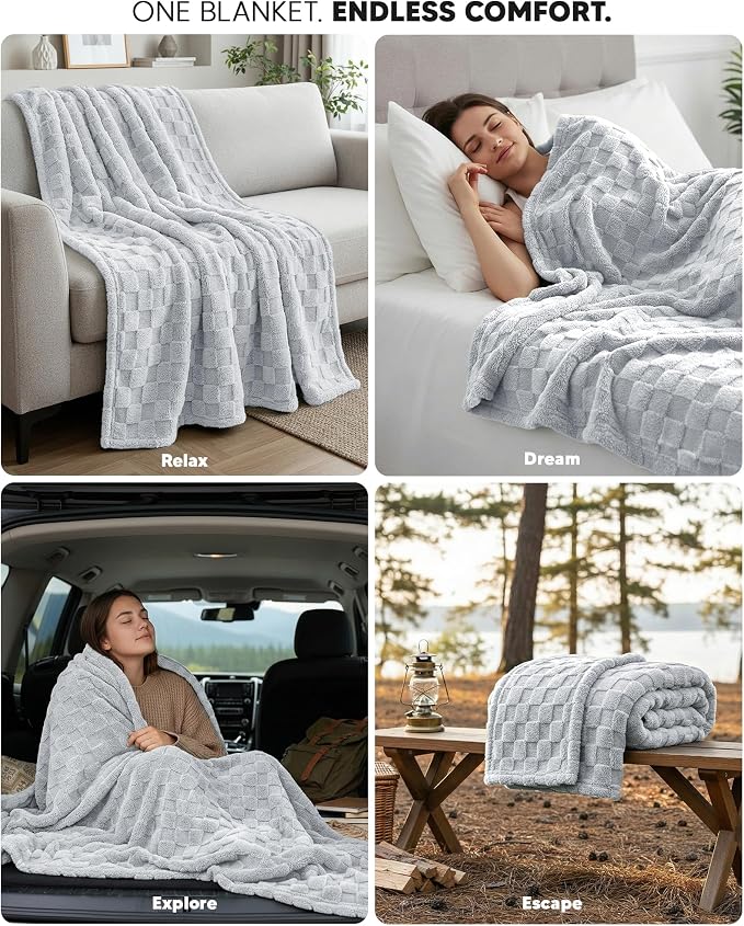 Utopia Bedding Cool Grey Checkered Fleece Queen Blanket - Image 4