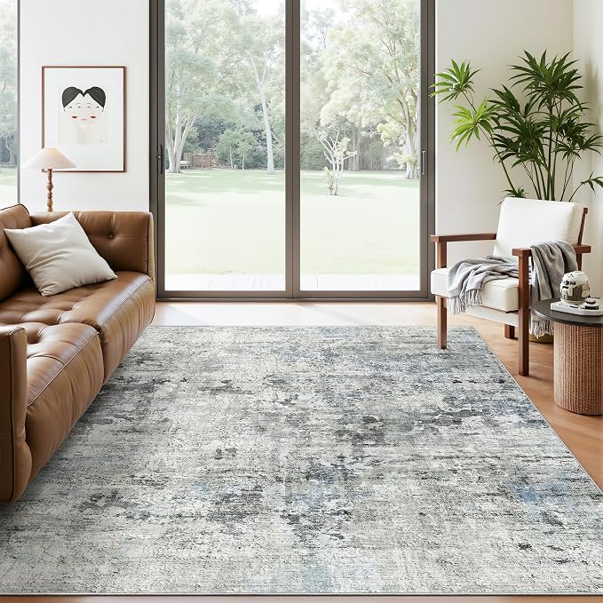 Abstract Rug 5x7 Machine Washable Area Indoor Grey Low Pile Non-Slip Foldable - Image 8