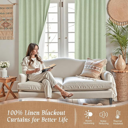 100% Blackout Linen Curtains for Cafe 40 Inch Length 2 Panels | Light Green - Image 2