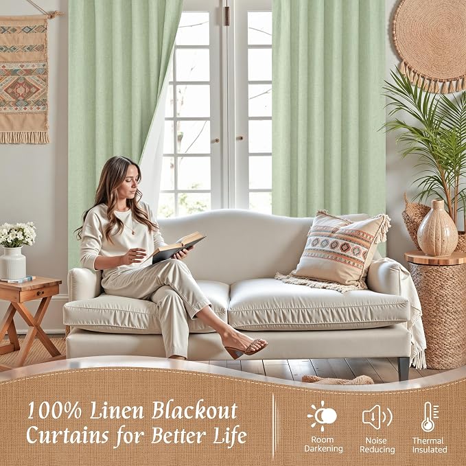 54 Inch Light Green Linen Full Blackout Window Curtains - Image 3