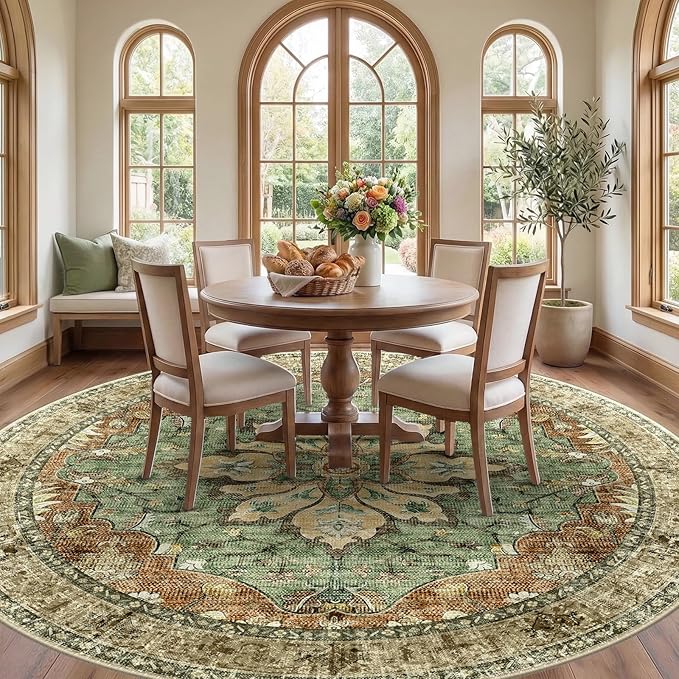 Area Rugs 8ft Washable Non-Slip, Floral Vintage Distress Print Pattern - Image 2