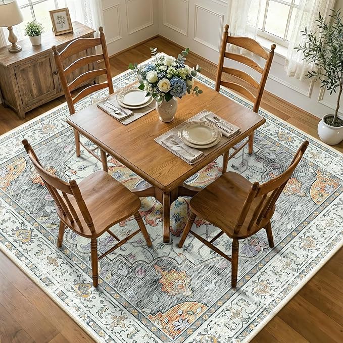Area Rugs Square 7ft Washable Non-Slip, Floral Vintage Distress Print Pattern by RELEANY