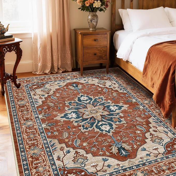 Area Rugs 5'x7' Washable Non-Slip, Floral Vintage Distress Print Pattern - Image 3