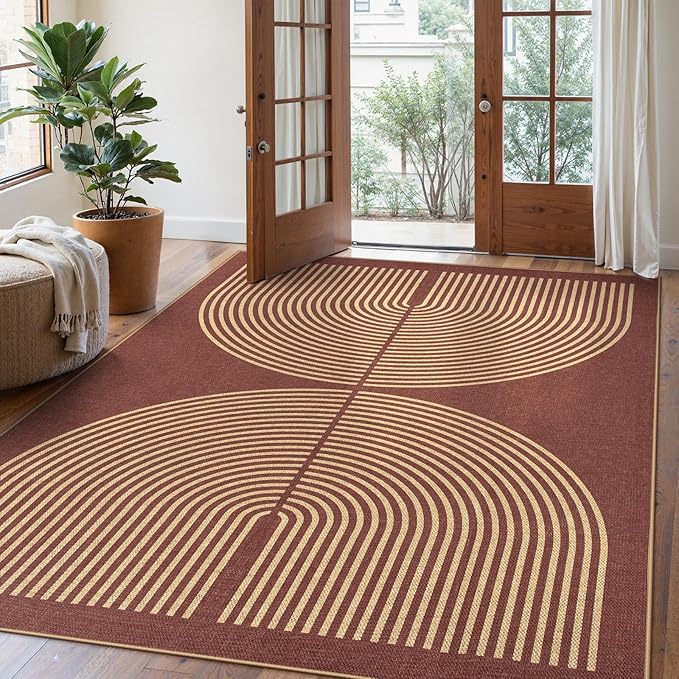 Lahome Enfys Modern Rainbow Easy Jute Outdoor Rug 5x7, Stain Resistant Red by Lahome