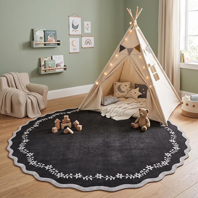 GarveeHome Round Area Rug 5ft Scalloped Washable Circle Rug by GarveeHome