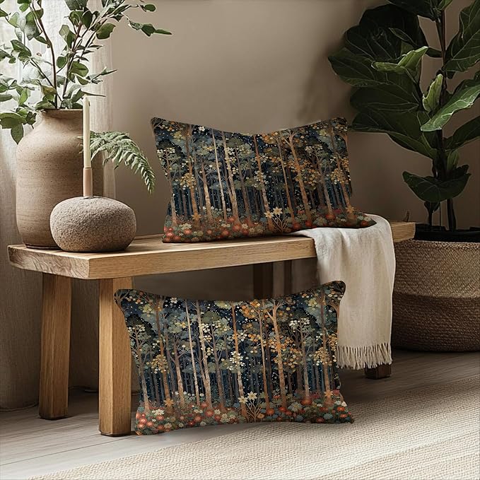 Rustic William Morris Inspired Autumn Forest Pillow Covers 12x20 Set of 2 - Image 5