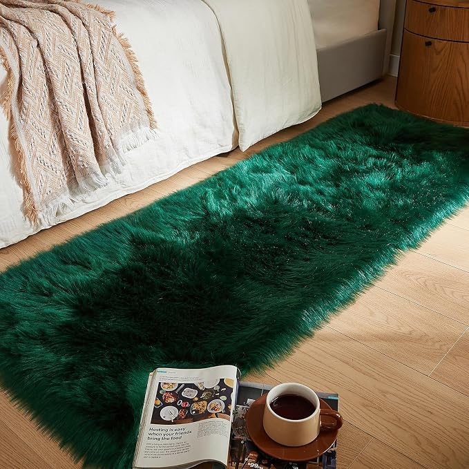 AMTOVO Faux Fur Rug, Dark Green Ultra Soft Fluffy Shag Sheepskin Rug, 2 x 6 ft by AMTOVO