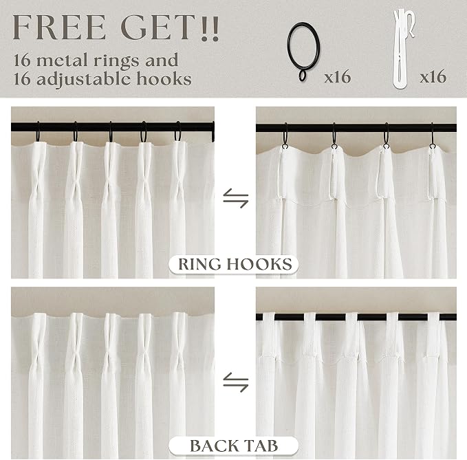 Beige White Pinch Pleated Linen Curtains 96 Inches Long 2 Panels | Light - Image 5
