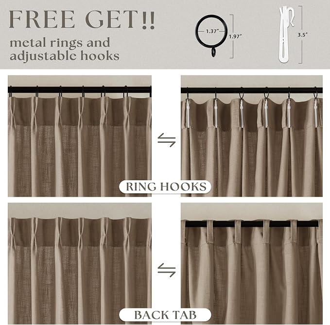 100 Inch Linen Blend Light Brown Memory Shape Pleated Curtains 2 Panels | - Image 7