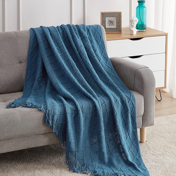 BOURINA Royal Blue Throw Blanket 50 x90 Inches Throw Textured Solid Soft Sofa - Image 3