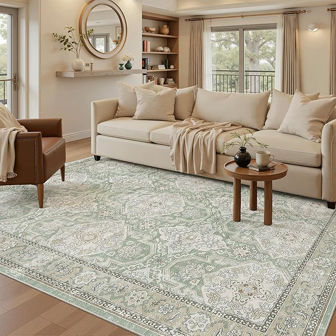 Soalmost 5x7 Area Rugs Green/Brown Low Pile Indoor Washable Trendy Faded Style - Image 2