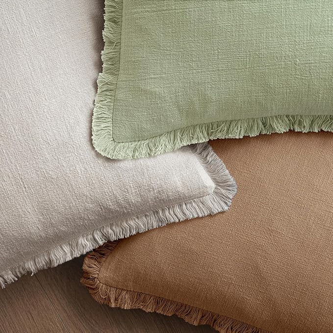 MIULEE Linen Fringe Decorative Euro Throw Pillow Covers Sage Green 24x24 | Set - Image 4