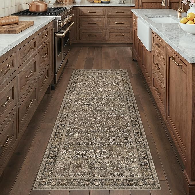 2 Piece 2x6/2x10 Washable Rug for Entryway | Brown Vintage Floral, Low Pile by HUGEAR