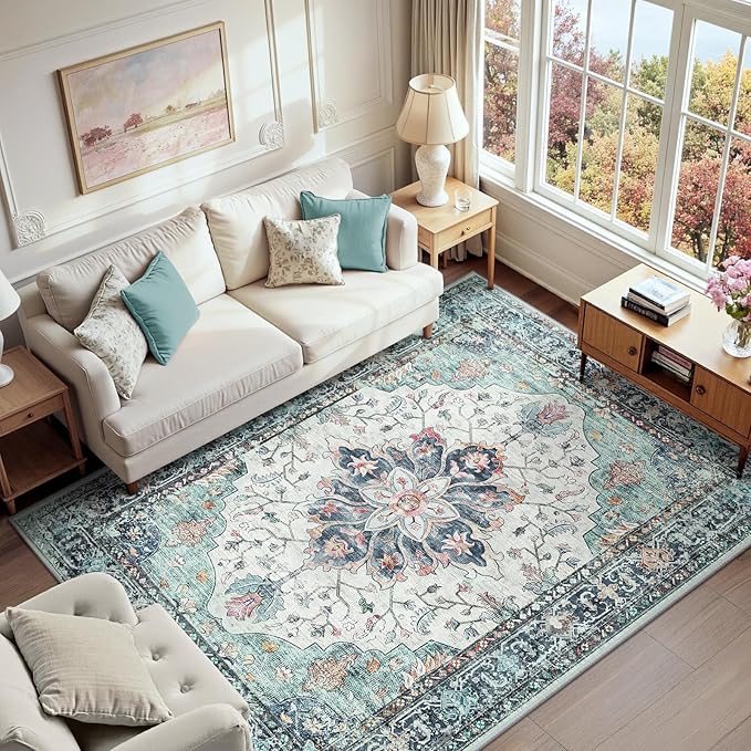 Area Rugs 6'x9' Washable Non-Slip, Floral Vintage Distress Print Pattern by RELEANY