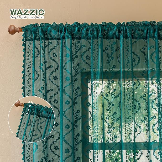 WAZZIO Boho Lace Curtains 2 Panels 45 Inch -Victorian Sheer Panel Drape French - Image 6