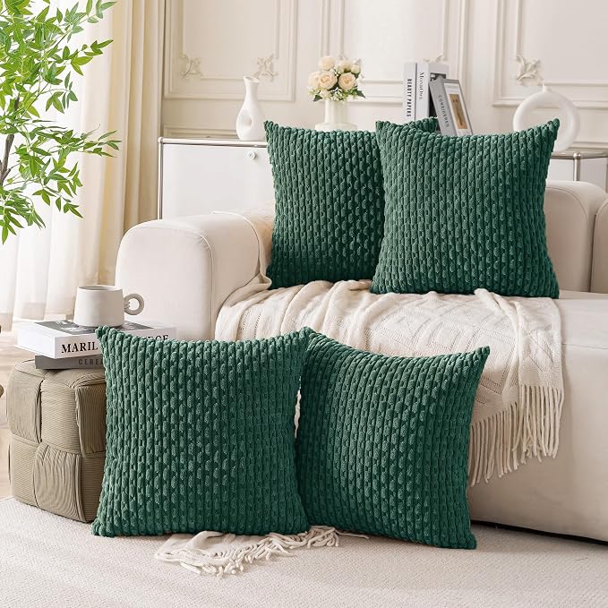 Set of 4 Dark Green Decorative Throw Pillow Covers 18x18 Inch Corduroy Pillow by Cozoomy