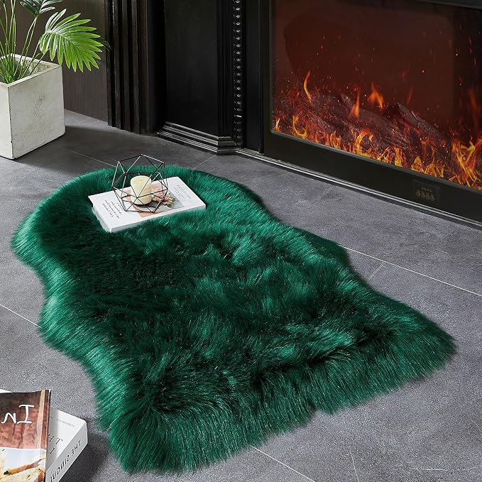 AMTOVO Faux Fur Rug, Dark Green Small Area Rug, Fluffy Sheepskin Rug, Fuzzy by AMTOVO