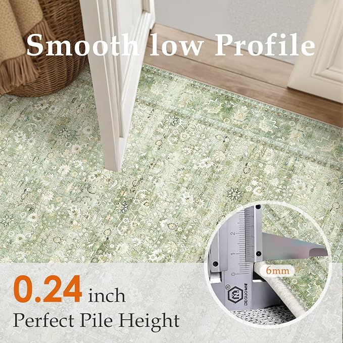 2x6 Light Green Vintage Floral Washable Runner Rug - Image 7