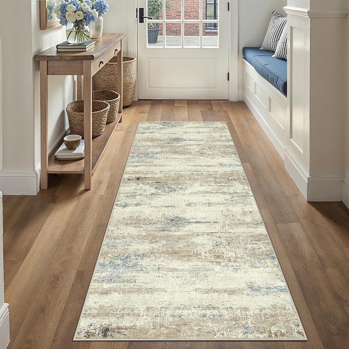 2x6 Runner Rug Washable Beige Brown Abstract Modern Neutral Hallway Carpet Non - Image 2