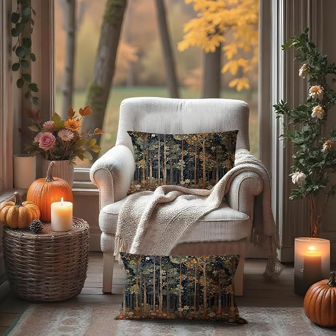 Rustic William Morris Inspired Autumn Forest Pillow Covers 12x20 Set of 2 - Image 3