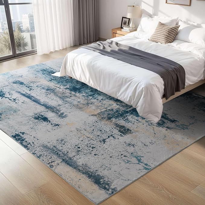 Living Room Rug 7x10 Aqua Blue Area Rugs Machine Washable Abstract Boho Large - Image 2