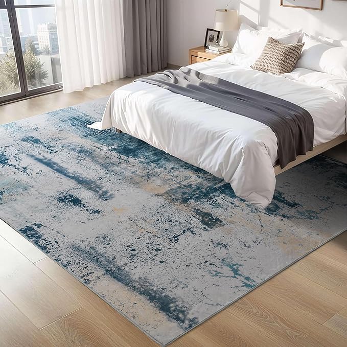 Ompaa Living Room Rug 5x8 Aqua Blue Area Rug Machine Washable Boho Rug Non Slip - Image 2