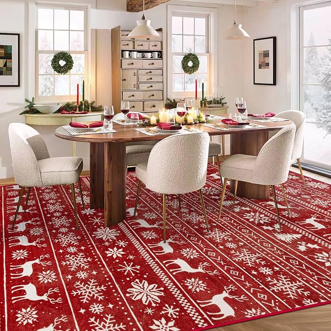 Christmas Rug 8x10 Washable Rugs, Boho Christmas Tree Snowflake Rug Non-Slip - Image 3