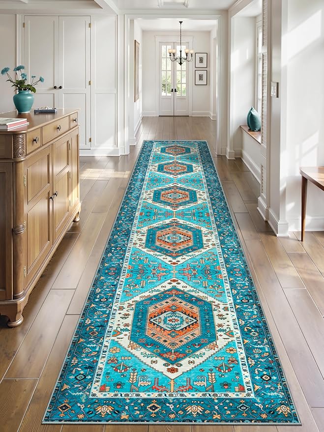 SERISSA Runner Rug for Hallways, Extra Long Boho Rug Ultra Soft Vintage Blue by SERISSAHomeDecorCollection