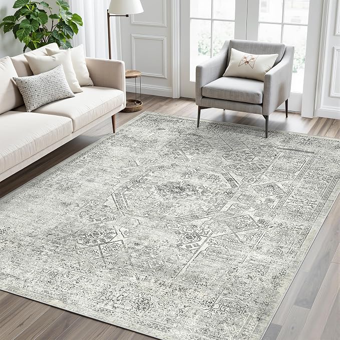 5x7 Area Rugs Grey Low Pile Indoor Washable Trendy Faded Style Floral Rugs - Image 9