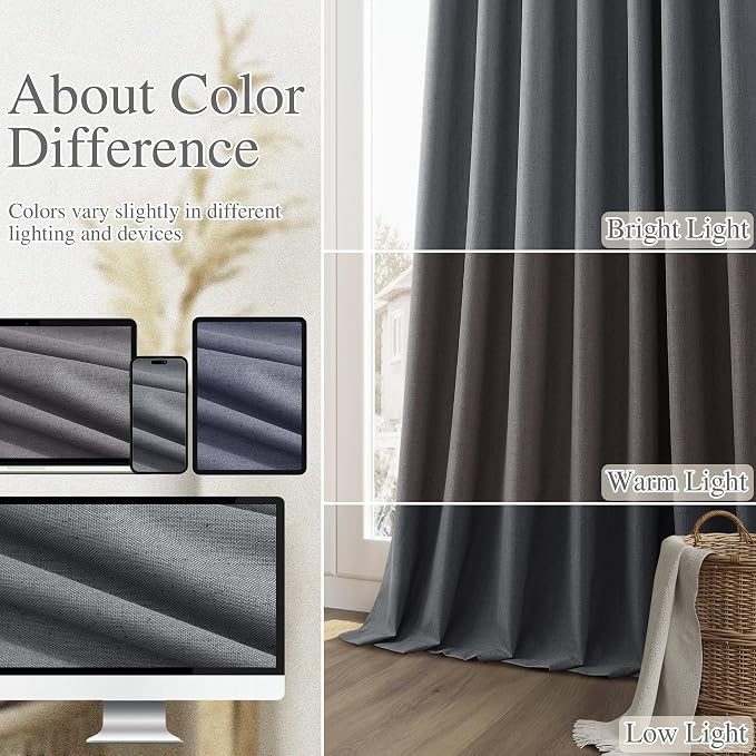 Guken Blazer Grey 100% Blackout Linen Curtains 120 Inch Length 2 Panels Set - Image 7