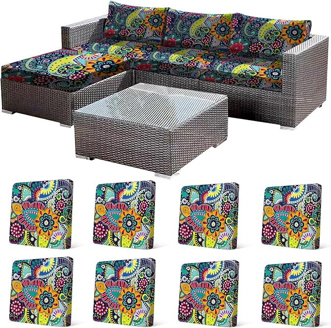 CALBODE 8Pcs Stretch Patio Cushion Cover, Boho Floral Couch & Sofa Slipcovers by CALBODE