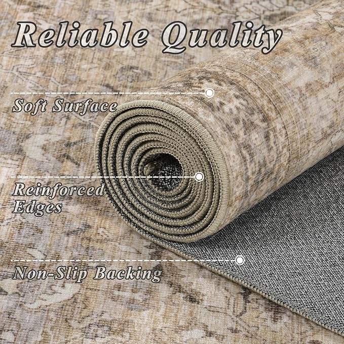 Schweek 8x10 Washable Area Rugs Khaki Vintage Carpet Non Slip - Image 5