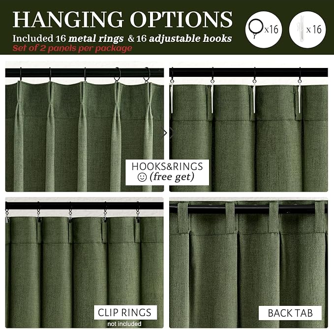 Dark Green Textured Linen Blend Curtains 102 Inches Long - Image 4