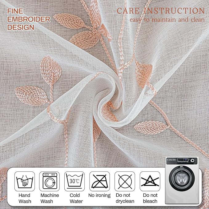 AmHoo 2 Panels Embroidered Leaf Pattern Semi Sheer Curtains Foliage Floral - Image 4