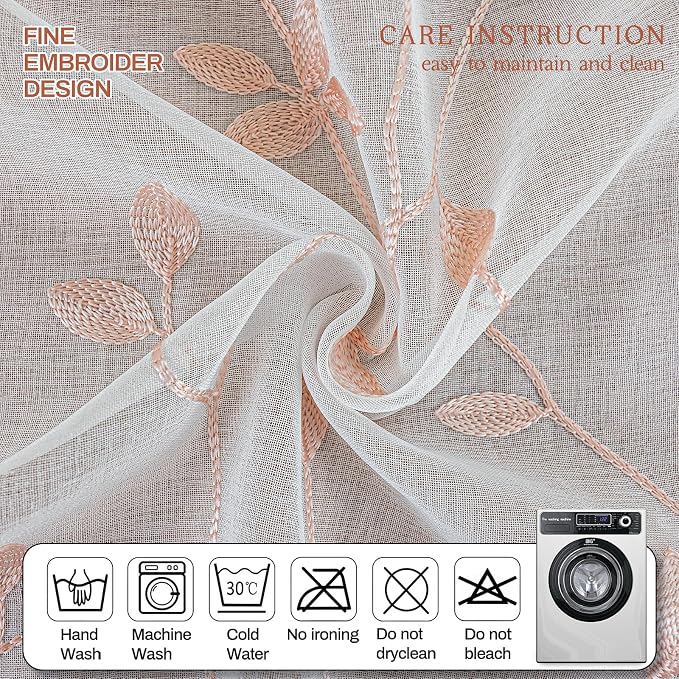 AmHoo 2 Panels Embroidered Leaf Pattern Semi Sheer Curtains Foliage Floral - Image 4