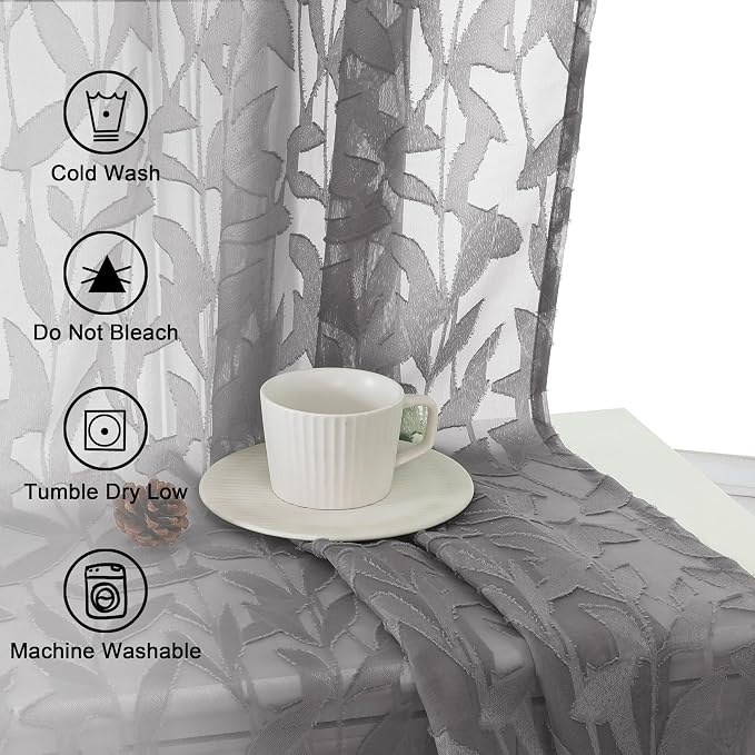 Lecloud Leia Clip Leaf Charcoal Grey Curtains Tiers Sheer Valances - Image 5