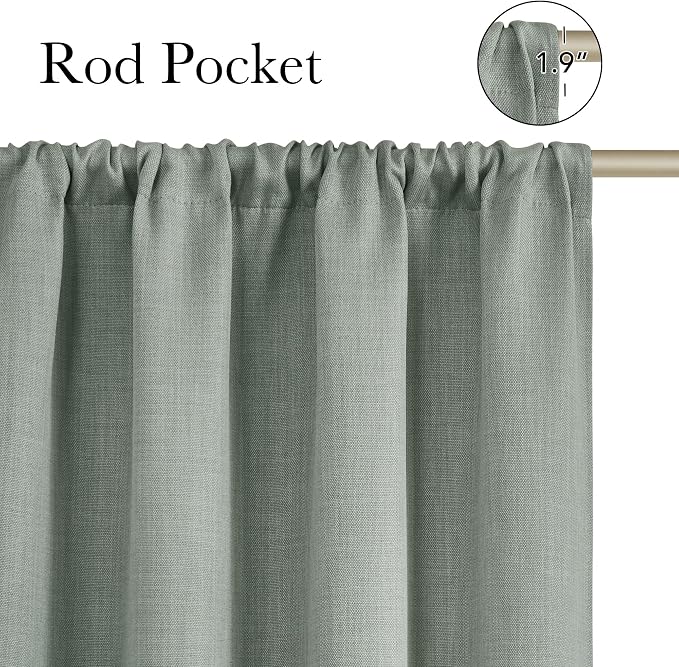 NICETOWN Sage Green Faux Linen Room Darkening Rod Pocket Curtains 63 inch Length - Image 2