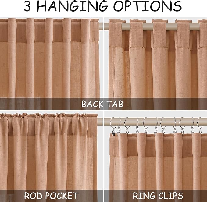 Peach Quartz Linen Curtains 96 Inch Length 2 Panel Set Back Tab Rod Pocket - Image 2